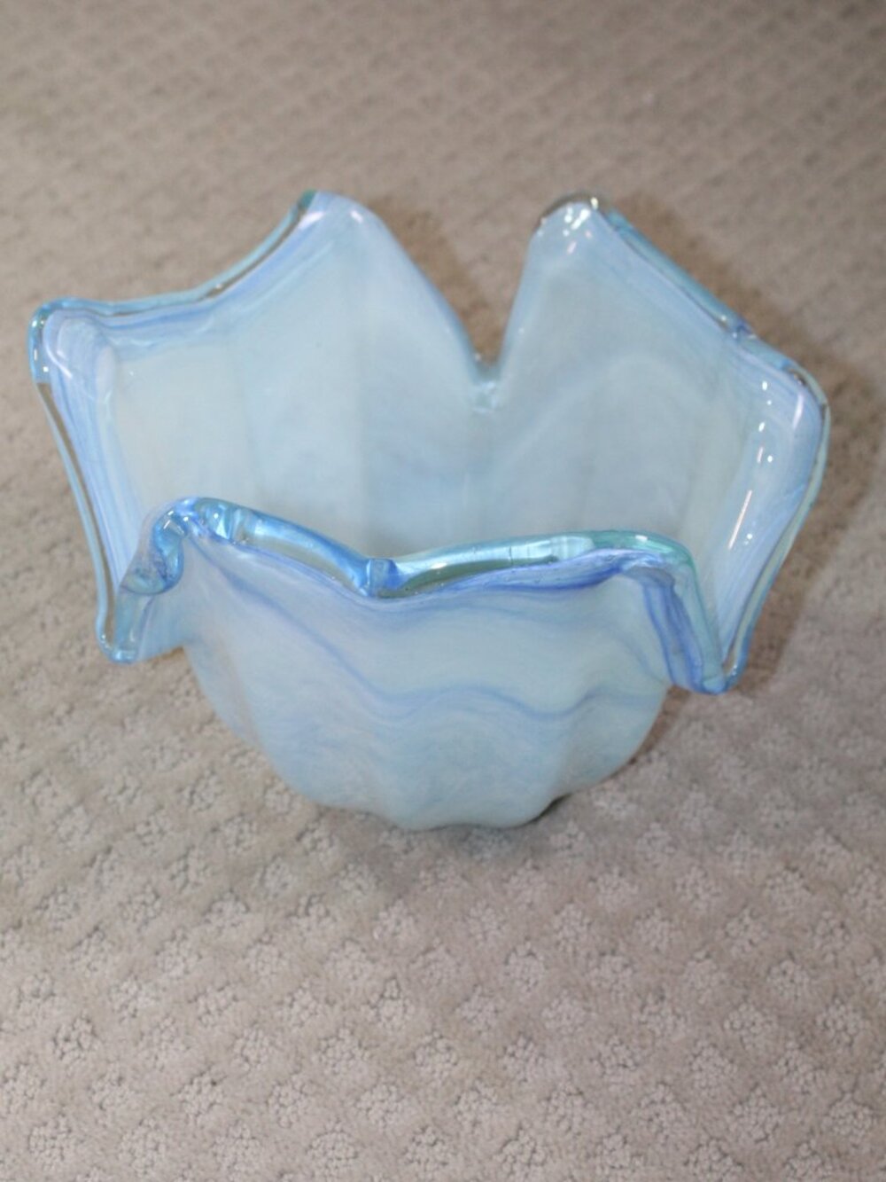 Murano Italy Hand Blown Art Glass Blue Swirl Dish Bowl 7"x10" Petals